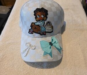 Checkered Cap with Cartoon Patch and Bows